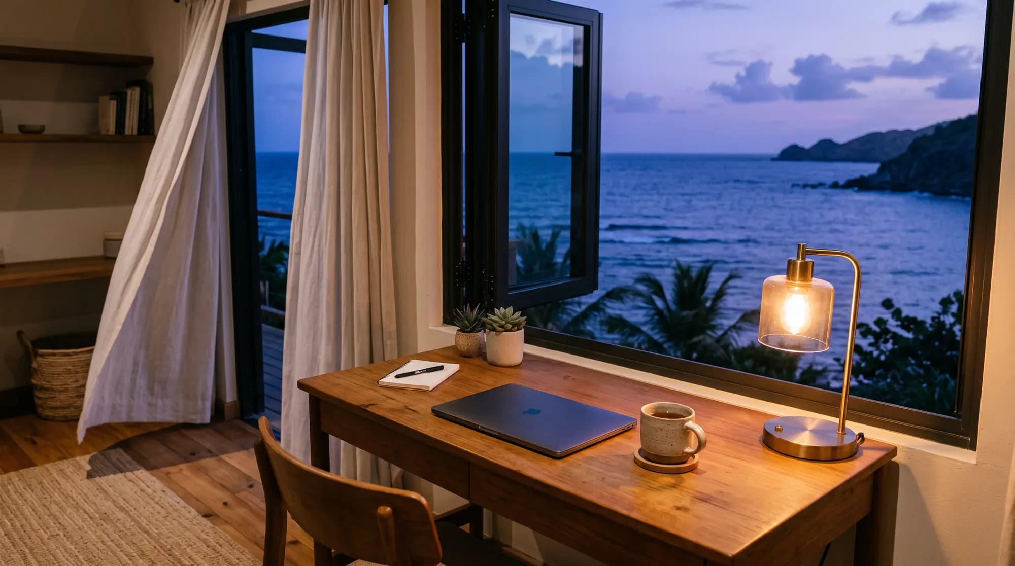 A desk with a warm lamp and a closed laptop by a window overlooking the sea at dusk