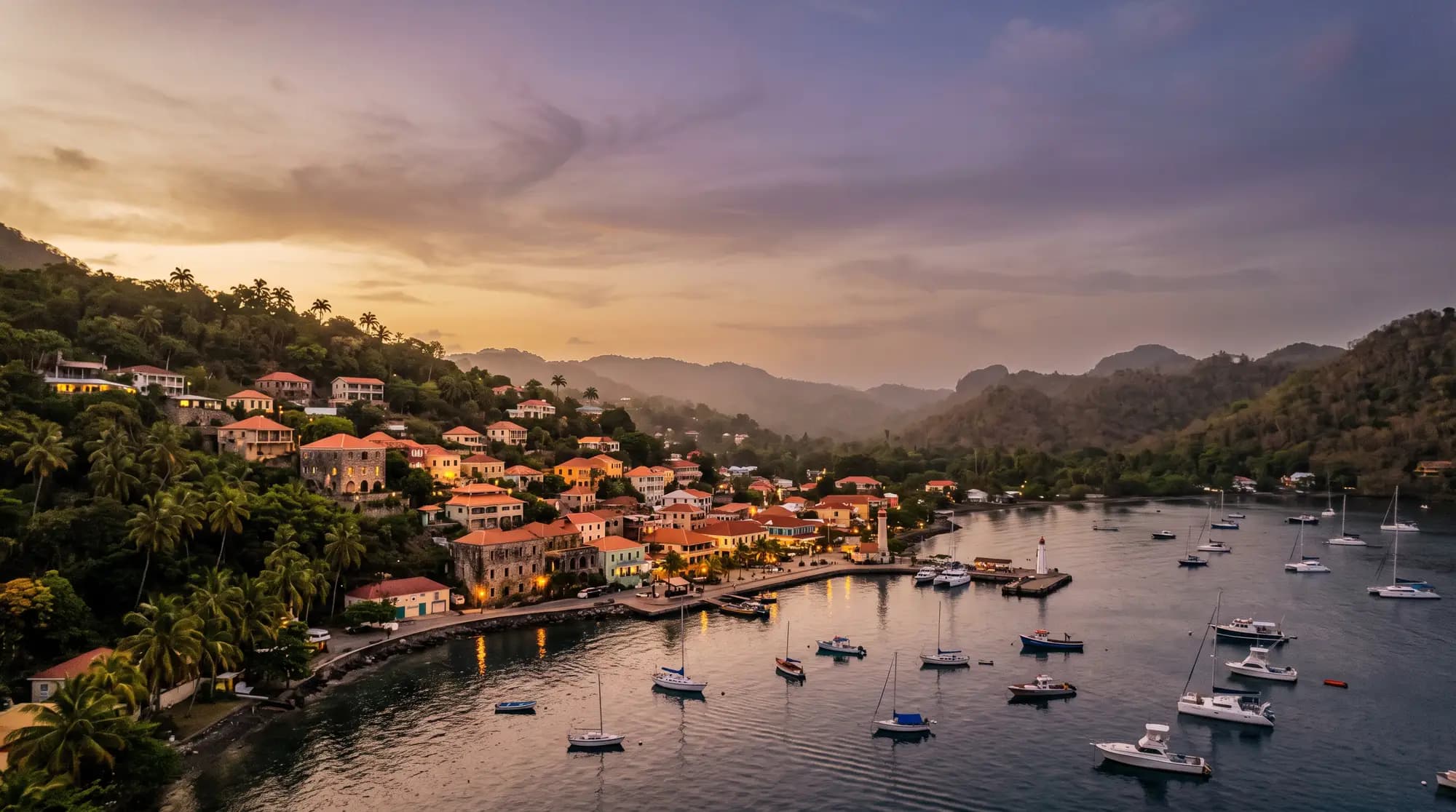 A Caribbean harbor town at dusk, rooftops stepping down to boats at anchor